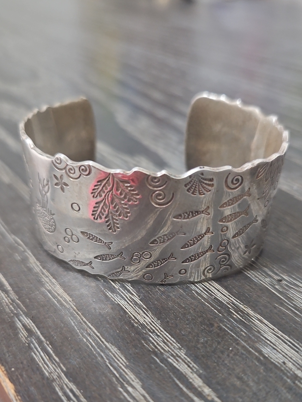Hand-Stamped Silver Fish Motif Cuff Bracelet - Women’s Silver Jewelry